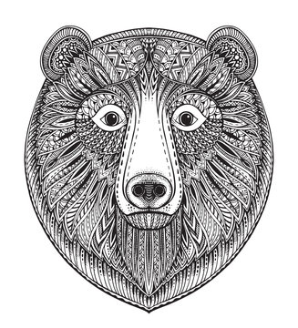 Hand drawn ornate doodle graphic black and white bear face. 
