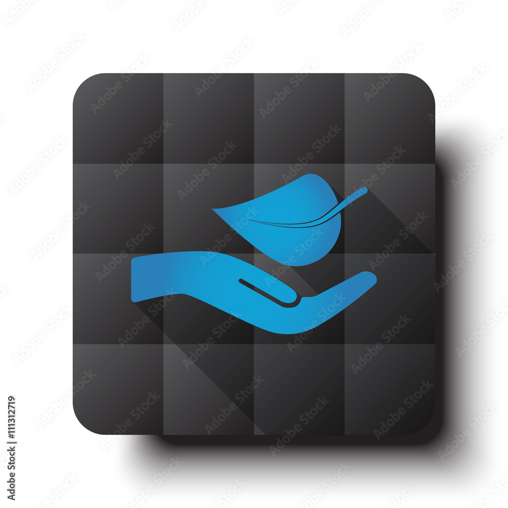 Wall mural flat leaf in hand icon on black app button with drop shadow