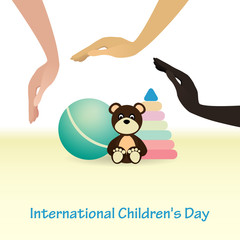 International Childrens Day concept. Protect child. Baby toys.