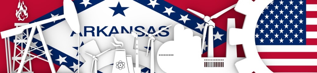 Energy and Power icons set. Header banner with Arkansas and USA flags