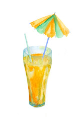 glass of juice with a straw and drink umbrella, on a white background