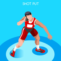 Athletics Shot Put Summer Games Icon Set.3D Isometric Athlete.Sporting Championship International Competition.Sport Infographic Shot Put Athletics Vector Illustration