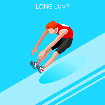 Athletics Long Jump Summer Games Icon Set.3D Isometric Athlete.Sporting Championship International Athletics Competition.Sport Infographic Athletics Long Jump Vector Illustration
