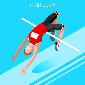 Athletics High Jump Summer Games Icon Set.3D Isometric Athlete.Sporting Championship International Athletics Competition.Sport Infographic Athletics High Jump Vector Illustration
