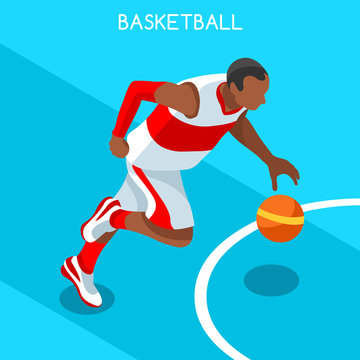 Basketball Player Athlete Summer Games Icon Set.3D Isometric Black Basketball Player Athlete.United States USA Sporting Competition.Sport Basket Infographic Basketball Vector Illustration.