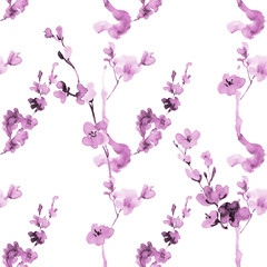 ink seamless pattern with plum blossom in the Japanese style of sumi-e on a white background