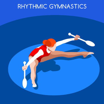 Rhythmic Gymnastics Clubs Summer Games Icon Set.3D Isometric Gymnast.Sporting Championship International Competition.Sport Infographic Rhythmic Gymnastics Vector Illustration.
