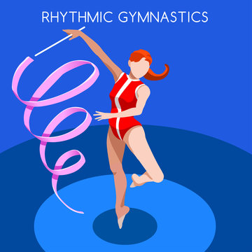 Rhythmic Gymnastics Ribbon Summer Games Icon Set.3D Isometric Gymnast.Sporting Championship International Competition.Sport Infographic Rhythmic Gymnastics Vector Illustration