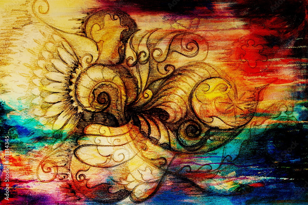 Poster ornamental filigran drawing on paper with spirals, flower petals and flame structure pattern, color 