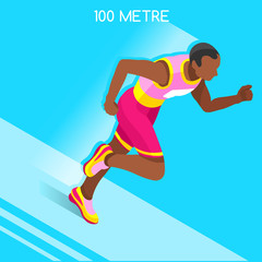 Fototapeta na wymiar Running 100 Metres Dash of Athletics Summer Games Icon Set.Speed Concept.3D Isometric Athlete.Sport of Athletics.Sporting Competition Race Runner.Sport Infographic Track Field Vector Illustration