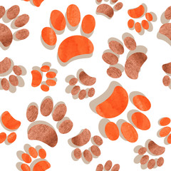 Paws seamless pattern. Animal paws print. Vector background with watercolor footprints. 