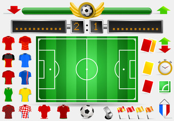 Soccer Field and Football Apparel Jerseys Score Board Point Yellow Card Red Card Whistle Objects International Championship Symbols and Equipment Vector Illustration