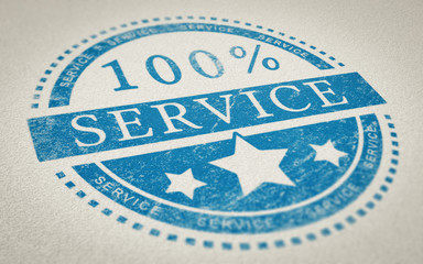 3d Illustration of a rubber stamp with the text 100 percent service over paper background. Concept of customer service 
