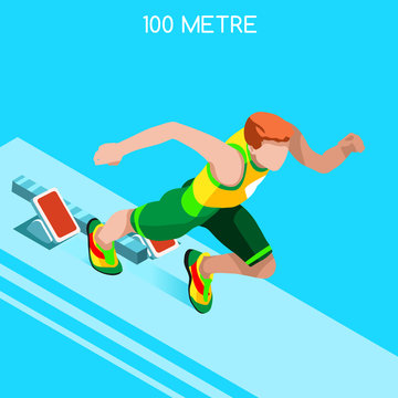 Running 100 Metres Dash of Athletics Summer Games Icon Set.Speed Concept.3D Isometric Athlete.Sport of Athletics.Sporting Competition Race Runner.Sport Infographic Track Field Vector Illustration