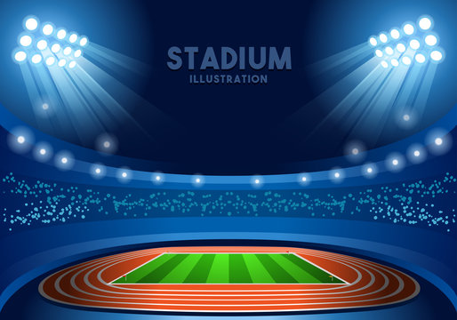 Russia 2018 Stadium Background Summer Games Empty Field Background Nocturnal View Vector Illustration