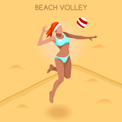 Fototapeta na wymiar Beach Volley Player Summer Games Icon Set.3D Isometric Beach Volleyball.Sporting Championship International Beach Volley Competition.Sport Infographic Volley Vector Illustration