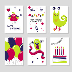 Set of Birthday cards templates. Cute cartoon monsters. Kids design. Vector illustration.Collection of cards for birthday or party invitations. 