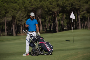Obraz premium golf player walking with wheel bag