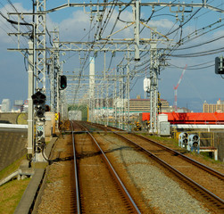 Obraz premium railroad : a track or set of tracks made of steel rails along wh