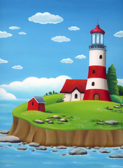 Lighthouse landscape. Oil painting with red lighthouse and a small house on an island surrounded by the sea.