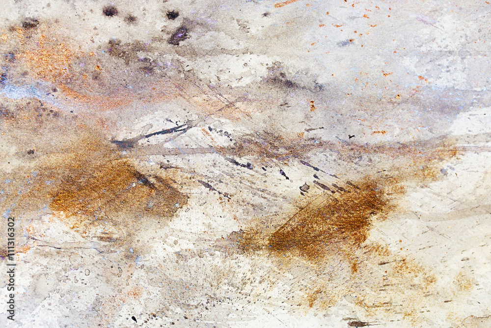 Poster abstract painting with blurry and stained structure. metal rust effect with glitter grains.