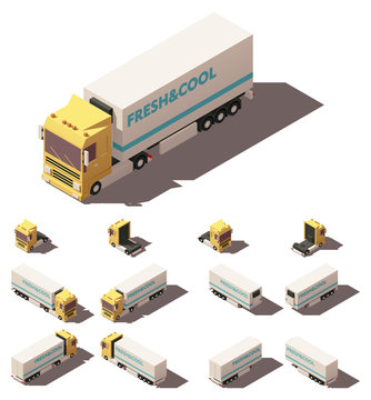 Vector isometric truck with insulated or refrigerated semi-trailer icon set