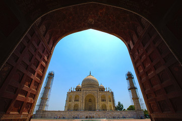 Restoration work in the Taj Mahal complex on May 20, 2016, in Agra, Uttar Pradesh, India.