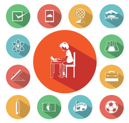 Modern flat education icons set with long shadow effect