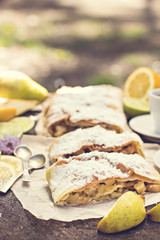 pie, strudel with pear and lemon. Cup of coffee. .Picnic, Breakfast in nature. Food in nature.