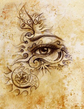 woman eye with ornament, pencil drawing, eye contact. Sepia effect and Computer collage.