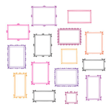 Set of hand drawn decorative photo frames. Colorful vintage frames. Doodles, sketch for your design. Vector illustration.