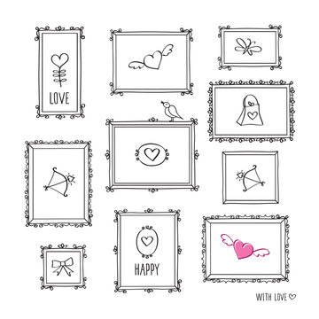 Set of elements for Valentine's Day, Mother's Day, birthday, wedding. Decorative vintage frames. Doodles, sketch for your design. Vector illustration.