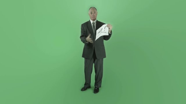 Senior caucasian businessman isolated on chroma green screen help sign