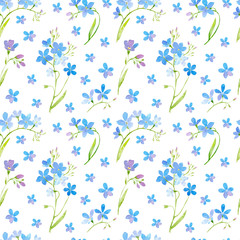Floral seamless pattern with forget-me-not flowers.Watercolor hand drawn illustration.