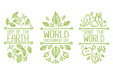 World environment day, Earth Day, Save the World hand drawn lettering doodle card, poster. Vector illustration with leaves. Concept on white background