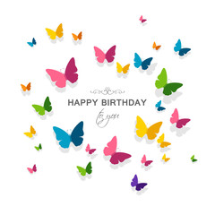 Vector Illustration of a Happy Birthday Greeting Card with Colorful Paper Butterflies