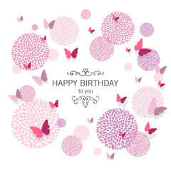Vector Illustration of a Happy Birthday Greeting Card with Paper Butterflies and Floral Design Elements