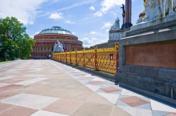 London, England - July 3, 2008: The Albert Memorial's basement with  the Royal Albert Hall in the...