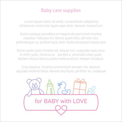 Background template of baby care supplies. Linear style and colorful icons. Template with place for your text.Vector illustration