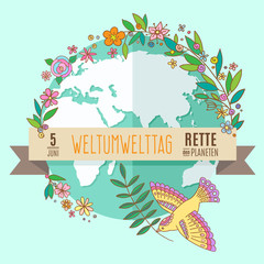 World environment day concept with mother earth globe and green leaves and flowers on mint background. German translation of the inscription: World Environment day. Save the Planet. 5 June. Vector