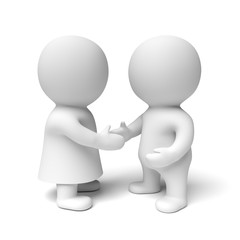 two human white 3d persons - the one on the left wearing a gown - shaking hands (3D illustration isolated on a white background)