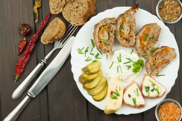 Baked roll with minced meat, cheese rolls and mayonnaise. Homework refreshments at the party.
