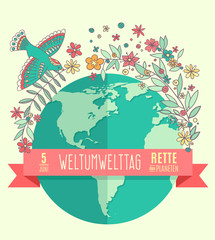 World environment day concept with mother earth globe and green leaves and flovers on beige background. German translation of the inscription: World Environment day. Save the Planet. 5 June. Vector