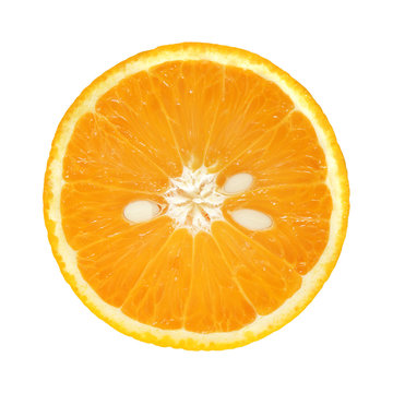 Slice of fresh orange with seed isolated on white background