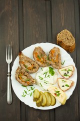 Baked roll with minced meat, cheese rolls and mayonnaise. Homework refreshments at the party.
