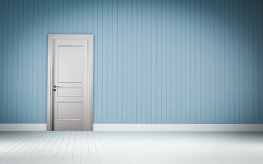 white door on blue wall room 3d rendering
