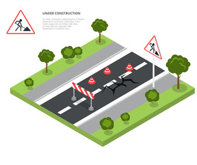 Road block under construction. Road sign, triangle cap, barrier. Flat 3d isometry isometric style web site app icon set concept vector illustration.