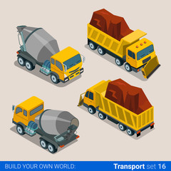 Construction transport heavy trucks. Concrete mixer, tip truck tipper lorry dumper. Flat 3d isometry isometric style web site app icon set concept vector illustration.