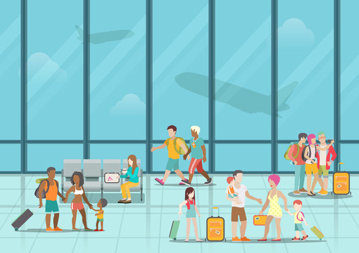 Airport waiting boarding zone interior and passengers. Flat style website vector illustration. Creative people collection.