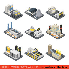 Power energy plant factory nuclear heat heating gas elevator industrial exterior. Flat 3d isometric building block construction place infographic set. Build your own infographics world collection.